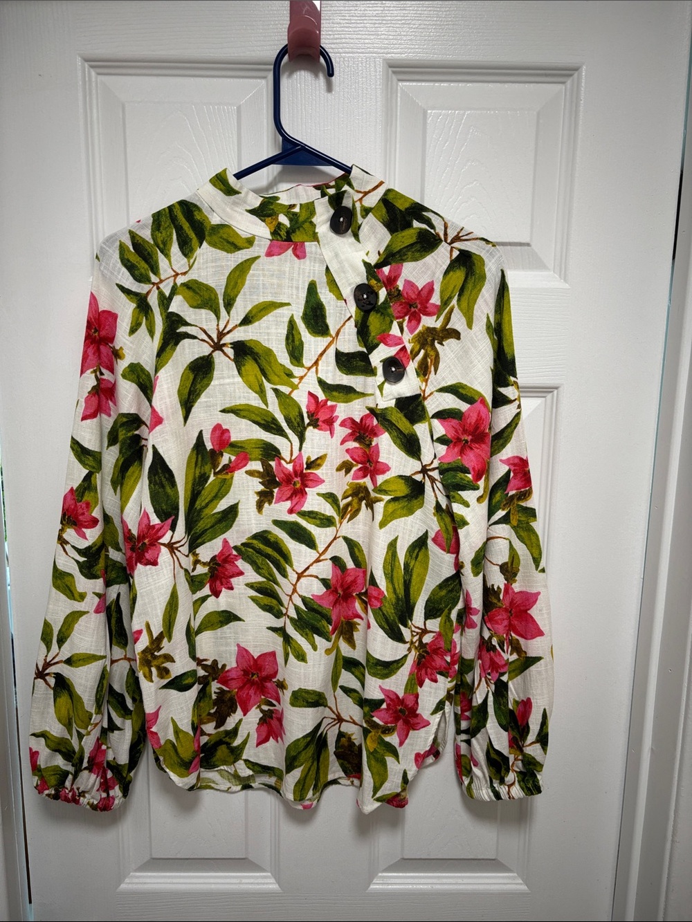 Zara White Blouse with Pink Floral and Green Leaf Print.Linen type material